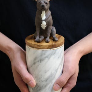 May include: A white marble urn with a wooden lid. A small, gray ceramic figurine of a pit bull terrier sits on top of the lid.