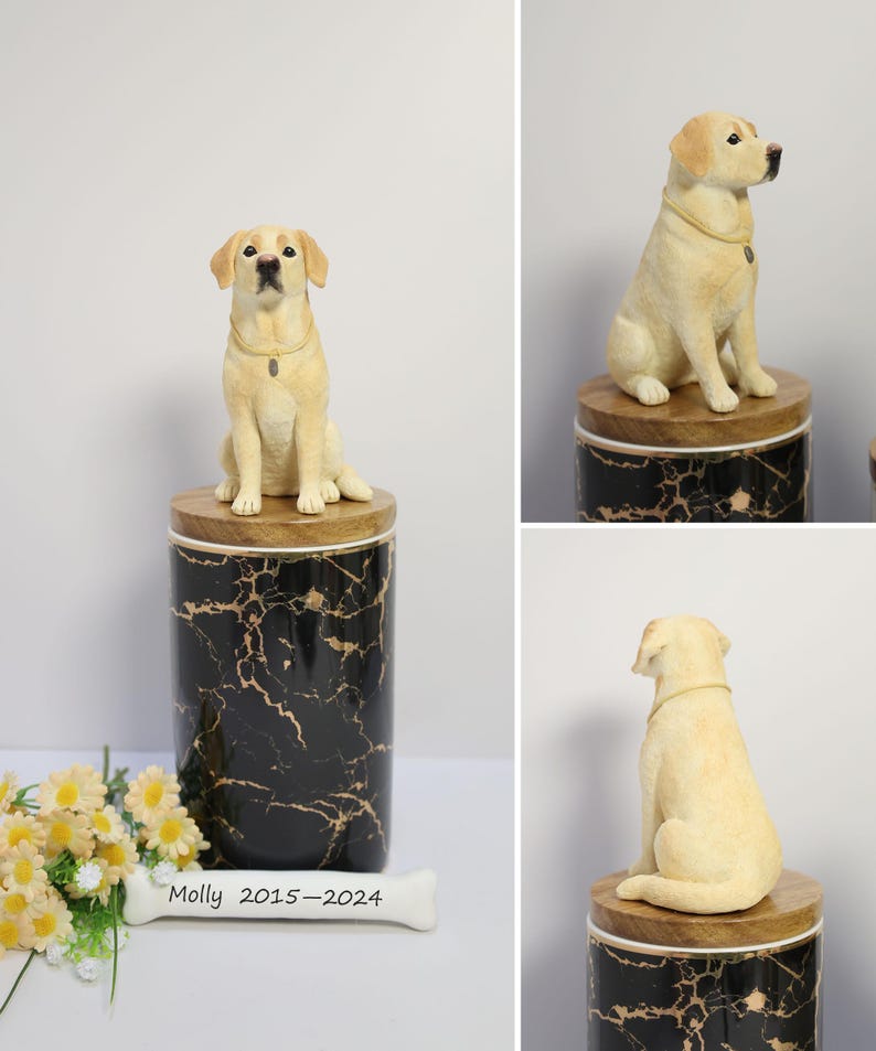 May include: A black and gold marble urn with a wooden lid. A small, cream-colored dog figurine sits on top of the lid. The urn has a bone-shaped plaque with the inscription "Molly 2015-2024".