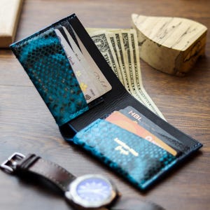 Personalized Python Skin Bifold Wallet | Cerulean Blue Exotic Python  Leather | Futuristic and Compact Design | Free Gifts
