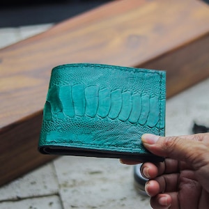 Emerald Green Ostrich Leg Leather Bifold Wallet | Handcrafted Italian Goat Skin Interior | Best Gift for Him | Free Gifts