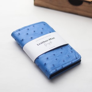 Premium handgemaakte kaartportemonnee met struisvogelleer/ Artemus - azuurblauw