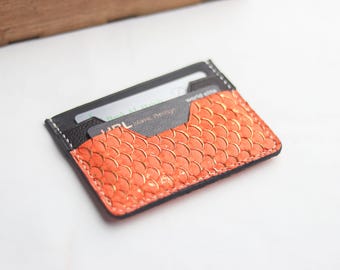 Hand-Crafted Bespoke Card Wallet Premium Exotic Tilapia Fish Skin \ Augustus - Pumpkin Orange