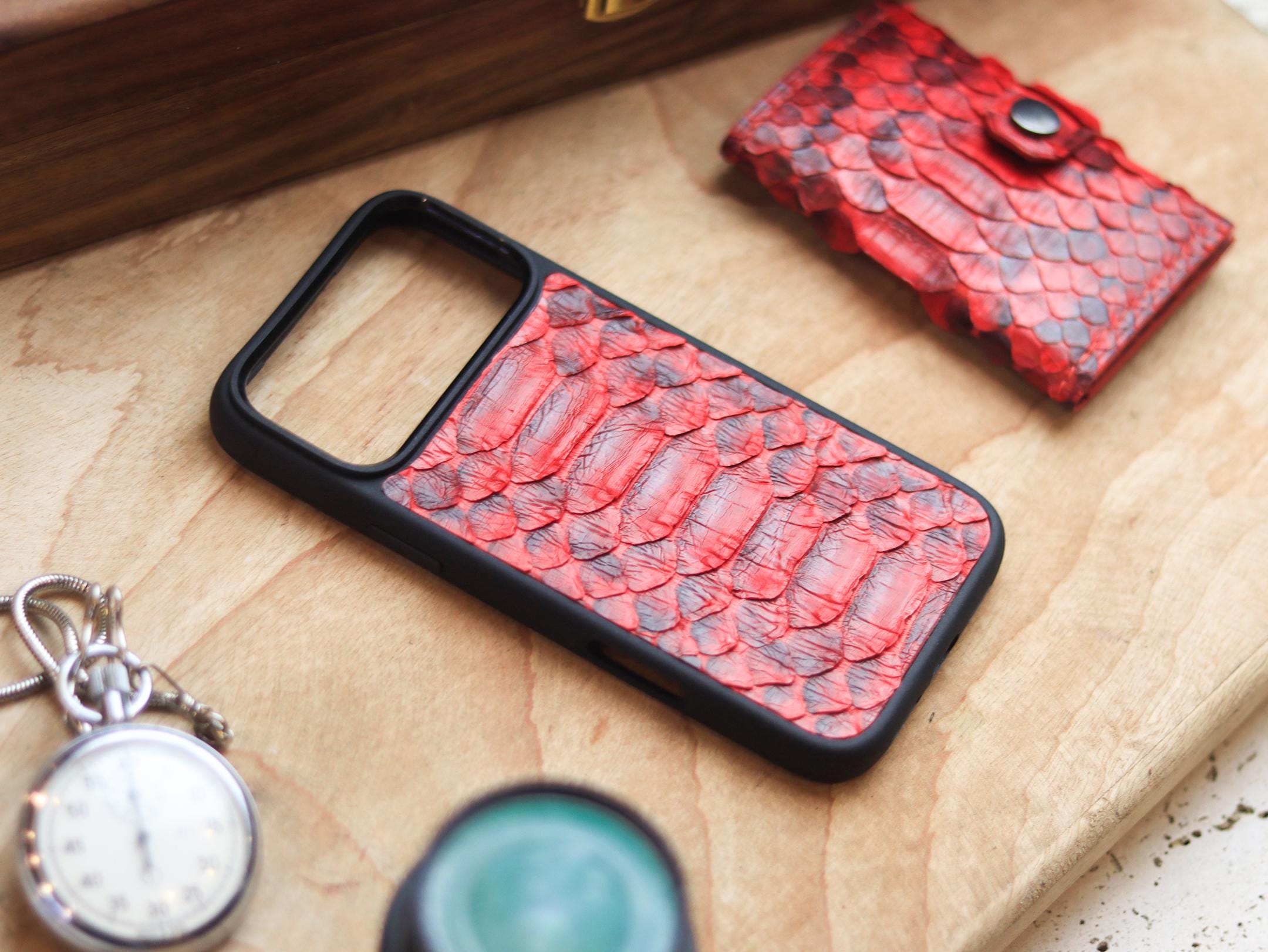 Python Skin MagSafe Phone Case Venetian Red Exotic Leather, Polycarbonate Shell