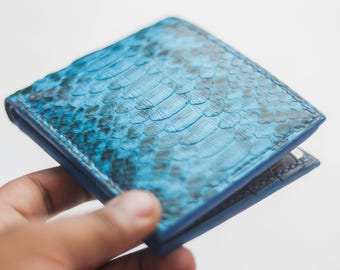 Wynton - Cartera plegable de piel de pitón azul cerúleo hecha a mano / Cartera premium / Cartera para hombre