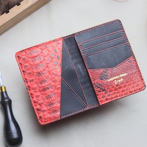 Cartera delgada plegable para tarjetas / Cartera exótica premium / El mejor regalo para él / El mejor regalo de aniversario / Piel de pitón roja veneciana