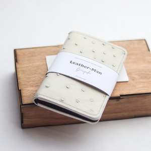 Premium handgemaakte kaartportemonnee met struisvogelleer/ Artemus - Serbing White