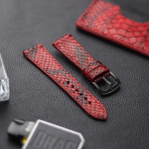 Handmade Hand-Stitched Venetian Red Python Skin Bespoke Straps 24mm, 23mm, 21mm, 20mm, 19mm, 18mm Leather-Man Bespoke