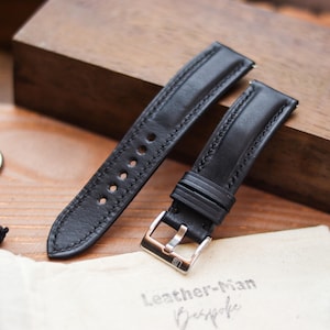 Alças acolchoadas feitas à mão e costuradas à mão: 24 mm, 23 mm, 21 mm, 20 mm, 19 mm, 18 mm | Apple: 45 mm, 46 mm, 49 mm | Leather-Man Bespoke | Preto Fantasma