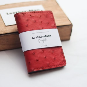 Cartera plegable de piel de avestruz de primera calidad hecha a mano/Artemus - Rojo clásico