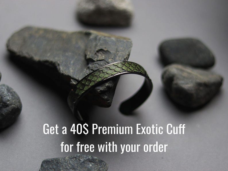 K&ouml;nnte beinhalten: Ein Armreif aus dunklem Metall mit einer strukturierten, olivgr&uuml;nen Einlage in Schuppenoptik. Der Text "Get a 40$ Premium Exotic Cuff for free with your order" ist in Wei&szlig; am unteren Bildrand aufgedruckt.