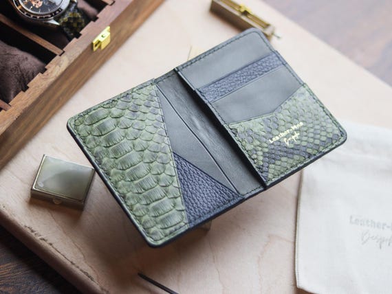 Handcrafted Python Leather Card Wallet | Juniper Green Bi-Fold | Slim & Comact Design | Free Gifts