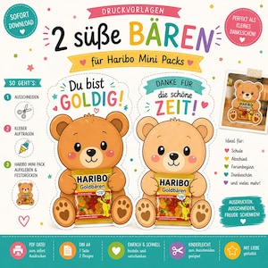 Puede incluir: Una descarga digital imprimible con dos osos de peluche de dibujos animados sosteniendo paquetes de caramelos Haribo Goldbears. El diseño incluye texto en alemán, con frases como "Du bist GOLDIG!" y "Danke für die schöne ZEIT!" Ideal para la escuela.