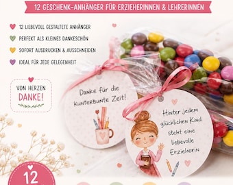 Danke Erzieherin Geschenk Anhänger Printable | Kindergarten Abschied | 12 Tags A4 PDF | Sofort Download