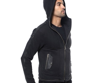 ELK HOODY - Black Hoodie - Hooded Men's Vest with leather - Handcast Hardware - Cyberpunk Men’s Hoodie - Designer Jan Hilmer