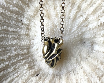 Small Anatomical Heart Pendant Necklace - Solid Brass w/Antique Patina - Detailed Human Heart Necklace - Designer Jan Hilmer