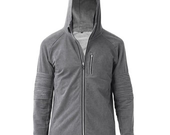 OVERLAND - Men’s Hoody - Gray Cotton Zip Hoody Jacket - Front Pockets - Handcast Hardware - Moto Jacket - Luxe Hoodie - Designer Jan Hilmer