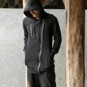 LARK HOODY - Black Organic Cotton Hoodie - Hooded Men&#39;s Hoody Jacket - Handcast Hardware - Cyberpunk Men’s Hoodie - Designer Jan Hilmer