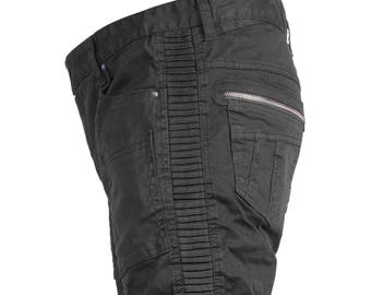 Donkergrijze katoenen stretch denim short: geribbelde inzetstukken, slim fit, - MICRON SHORTS van Jan Hilmer