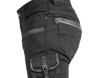 SIDE BUCKLE SHORTS - Mens Cargo Shorts with Leather trim - Ribbed Thigh and Knee Panels - Men Black Cotton Slim Shorts - Designer Jan Hilmer