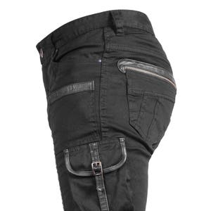 SIDE BUCKLE SHORTS - Mens Cargo Shorts with Leather trim - Ribbed Thigh and Knee Panels - Men Black Cotton Slim Shorts - Designer Jan Hilmer
