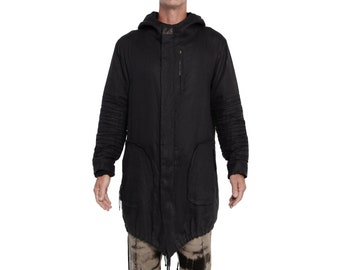 TROGON PARKA - 100% linen Jacket with leather accents - Men's linen parka - Handcast Hardware - Cyberpunk Hoodie - Jan Hilmer