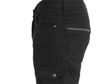 OUTER ORBIT SHORTS - Men's punk Black Cargo Shorts with Eight Pockets - Custom Brass Details - Slim Fit Shorts - Designer Jan Hilmer