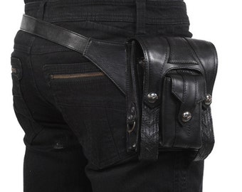Black Leather Hip Bag: Buckled Utility Belt, Brass Details - DOUBLE BUCKLE SIDE Bag by Jan Hilmer