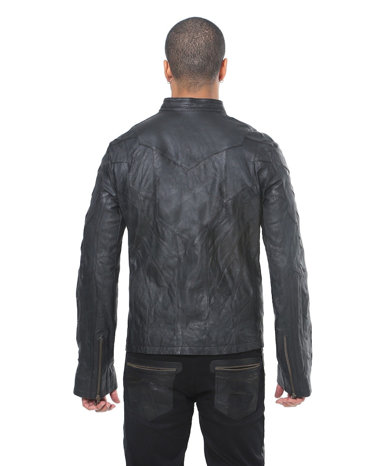 HORNET Men's Leather Jacket Black Lambskin Front - Etsy