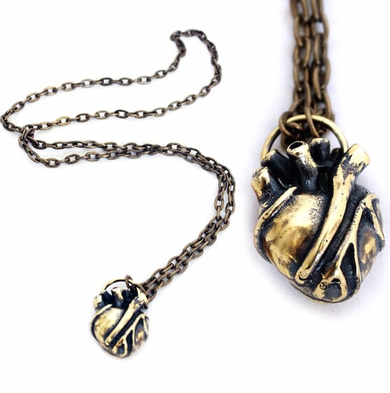 Solid Brass Antique Patina Designer Jan Hilmer Large ANATOMICAL HEART NECKLACE Super Detailed Human Heart Pendant Necklace