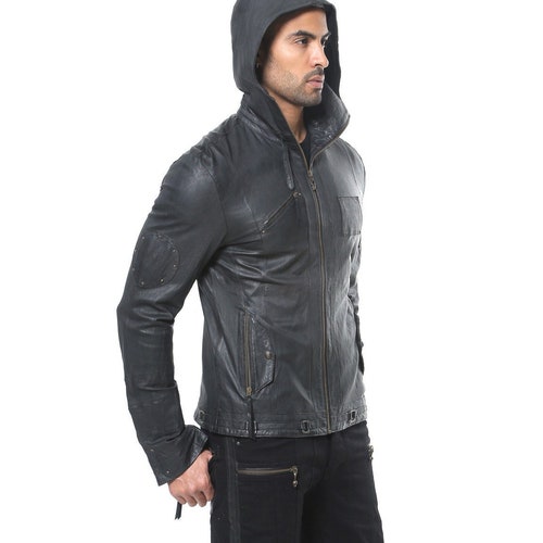 RIBBED JACKET With Hood Men's Leather Hoody Motorcycle - Etsy