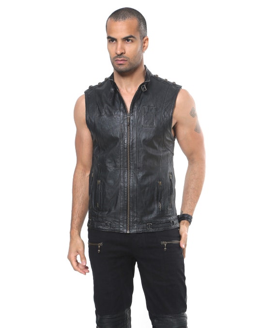 TRIGGER Mens Leather Vest Sleeveless 