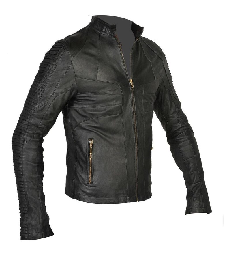 RIBBED Mens Leather Jacket Black Motorcycle Jacket Men's Moto Jacket