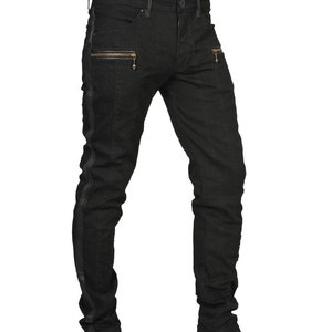 ICON JEANS - Mens Black Jeans with Leather Stripes  - Men’s denim - Slim Fit Moto Pants - Designer Jan Hilmer