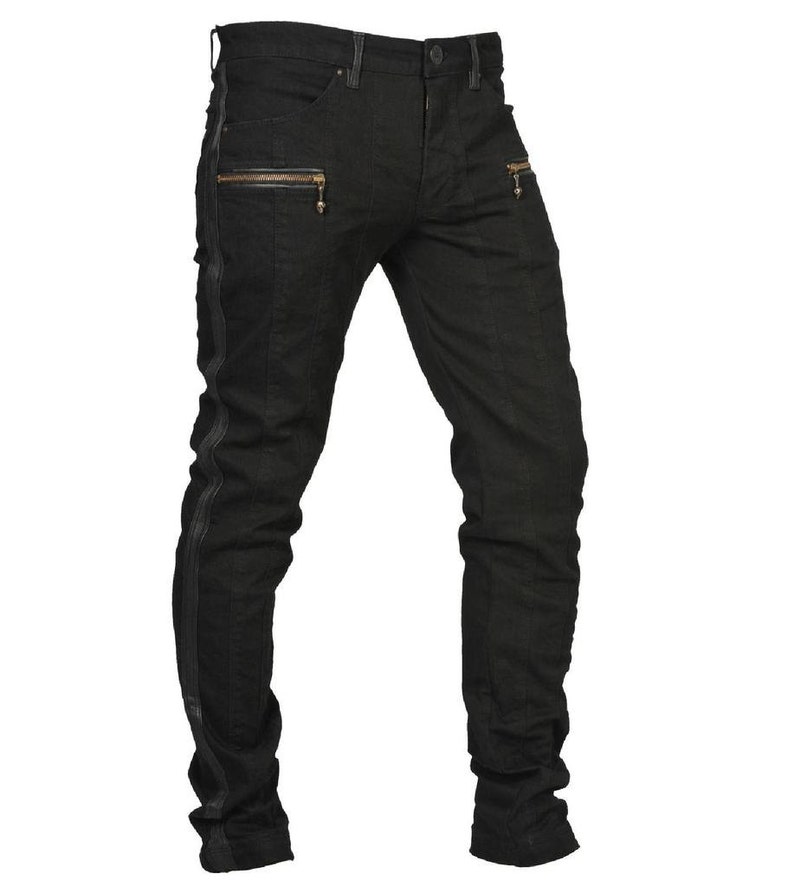 ICON JEANS Mens Black Jeans With Leather Stripes Mens - Etsy