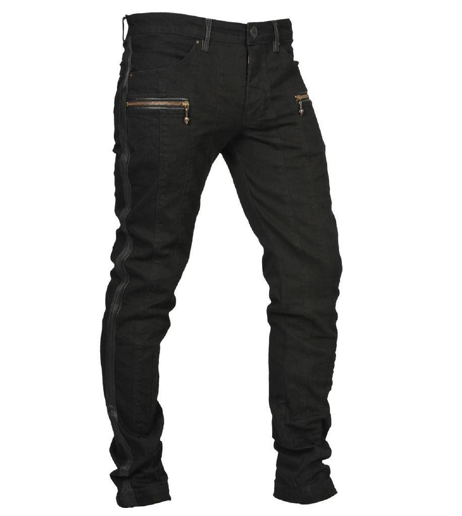 ICON Mens Black Jeans With Leather Stripes Mens - Etsy