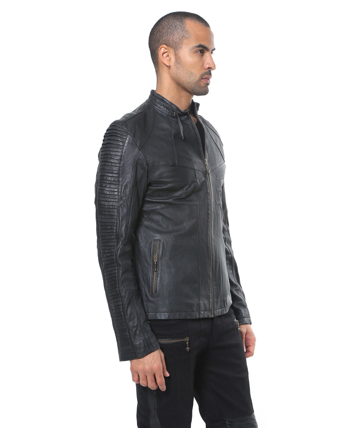 Ribbed Black Lambskin Leather Jacket - Men's Moto Cafe Racer