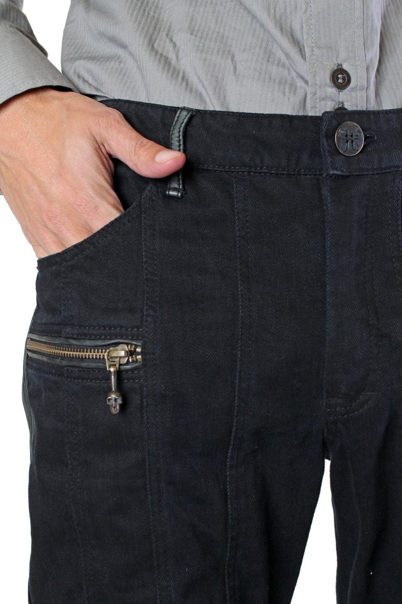 REVOLUTION JEANS Mens Jeans With Leather Black Denim Leather Moto Pants