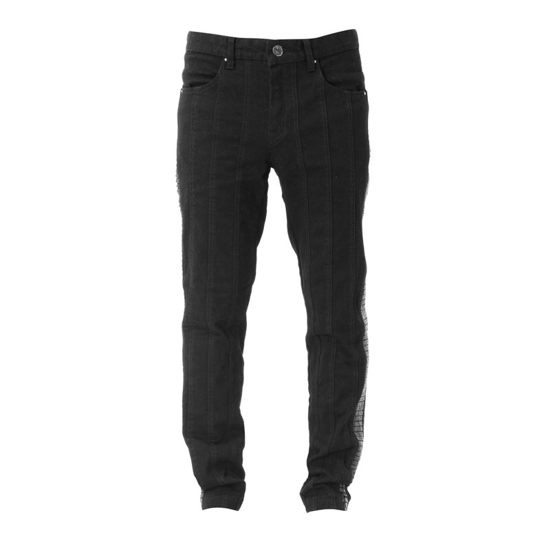RIBBED JEANS Mens Black Jeans With Leather Moto Pants Black Denim Jeans ...