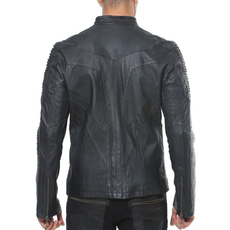 RIBBED Mens Leather Jacket Black Motorcycle Jacket Men's Moto Jacket ...