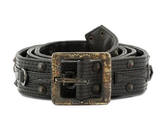 Men's Black Leather D Ring Belt: Hand Cast Brass Buckle, Rocker Punk Style