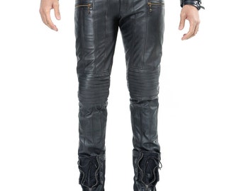 REVOLUTION LEATHER PANTS - Men's Leather Pants - Black Leather Moto Pants - 100% Soft Lambskin - Monkey Skull Zipper Pull - Jan Hilme