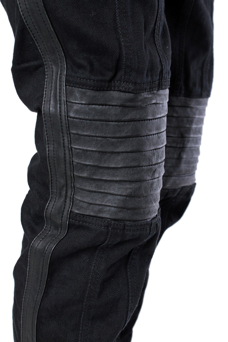 REVOLUTION JEANS Mens Jeans With Leather Black Denim Leather Moto Pants