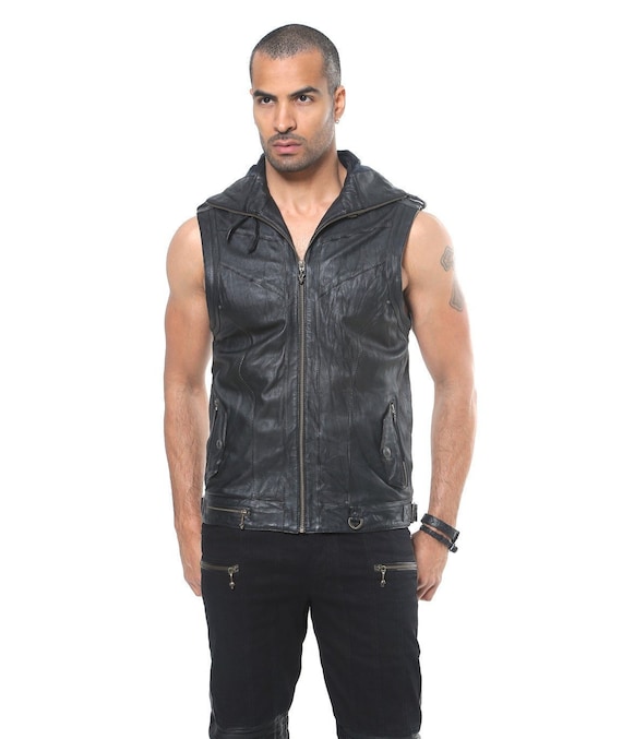 ROCKET Mens Leather Vest With Hood 4 