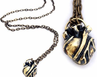 Large ANATOMICAL HEART NECKLACE - Solid Brass Antique Patina - Super Detailed Human Heart Pendant Necklace - Designer Jan Hilmer