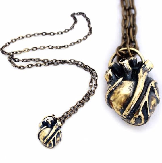 Solid Brass Antique Patina Designer Jan Hilmer Large ANATOMICAL HEART NECKLACE Super Detailed Human Heart Pendant Necklace