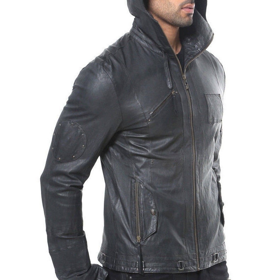TIGER Leather Hoody Mens Leather Jacket Black Leather - Etsy