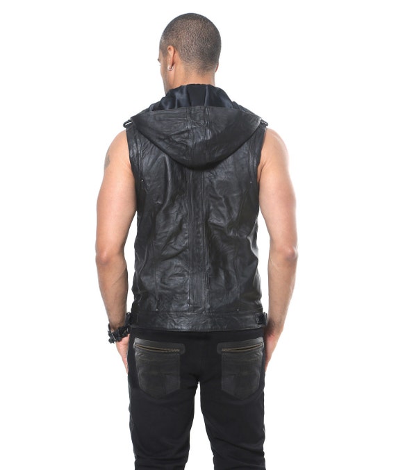 ROCKET Chaleco de cuero para hombre con capucha 4 | Etsy México