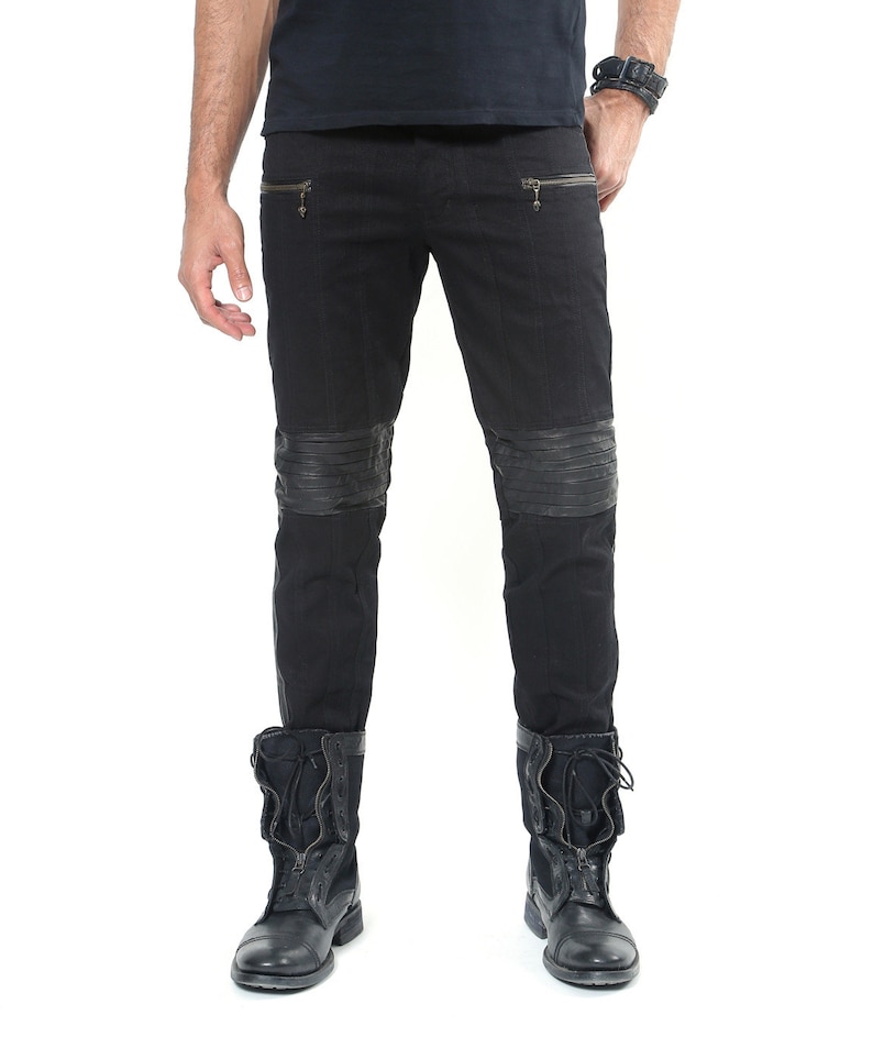 REVOLUTION JEANS Mens Jeans With Leather Black Denim Leather Moto Pants