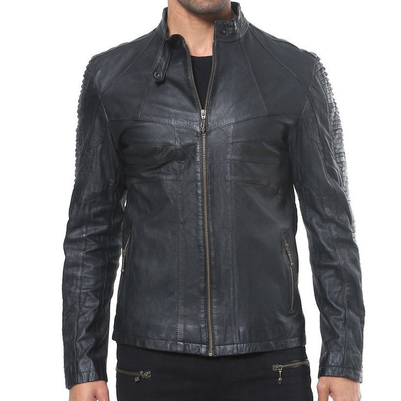 RIBBED Mens Leather Jacket Black Motorcycle Jacket Men's Moto Jacket