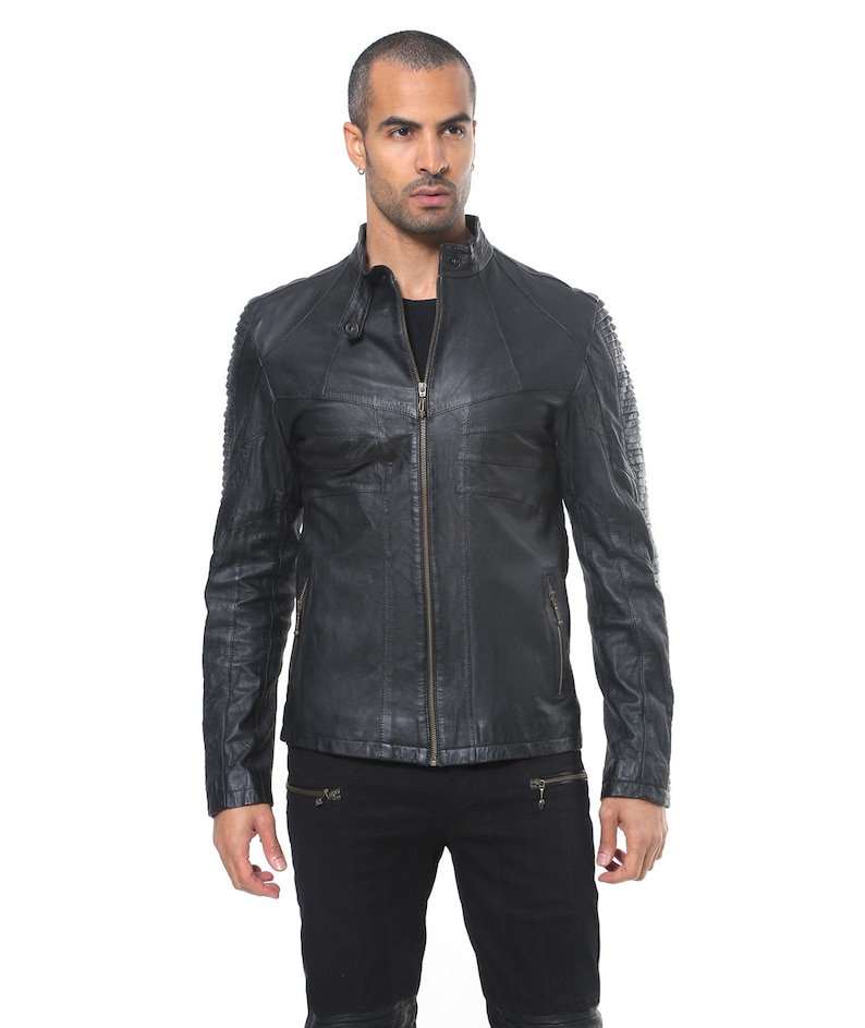RIBBED Mens Leather Jacket Black Motorcycle Jacket Men's Moto Jacket